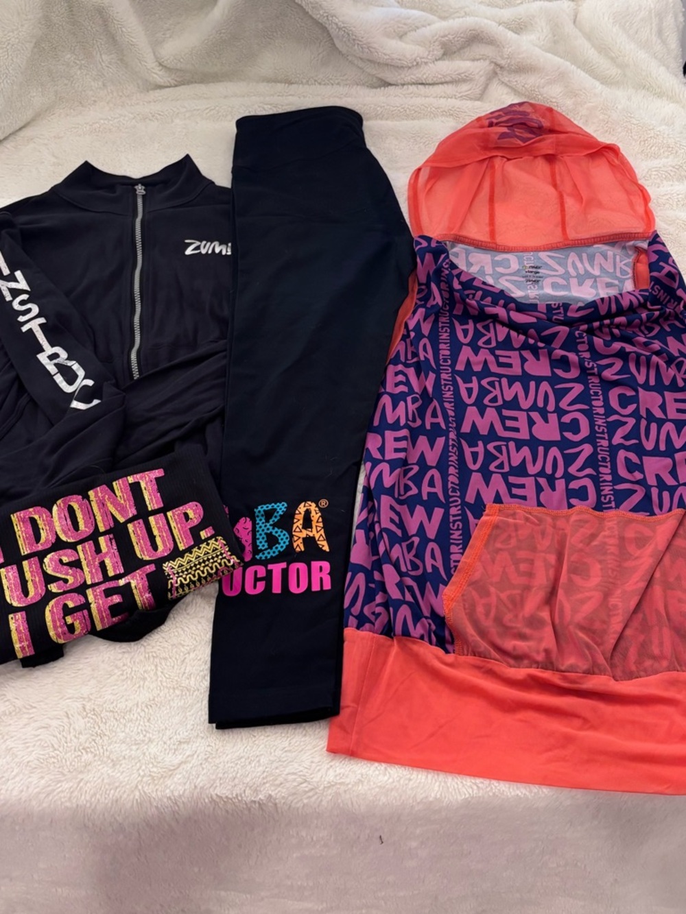 Zumba Instructor lot. Black Jacket & Leggings with Coral and Purple Logo Hoodie